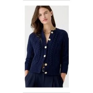 J.Crew Re-imagined Cable Knit Cardigan Sweater Navy Blue Gold Buttons M Wool